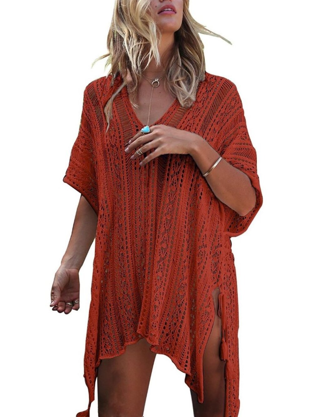 Women's Caramel Polyester Crochet Cover up Swimsuit Breathable Beach Swimwear